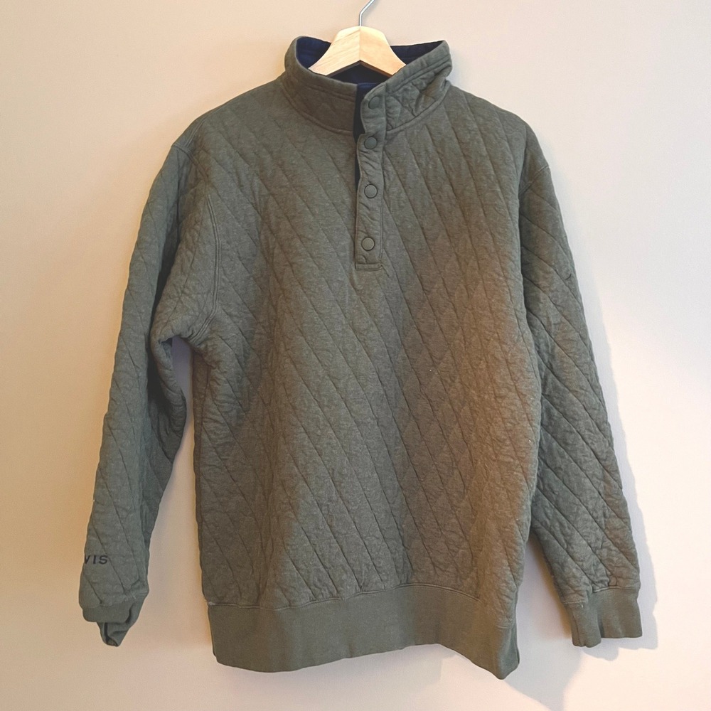 Orvis Mens Diamond Quilted Snap Neck Pullover Sweatshirt Olive Green Size M